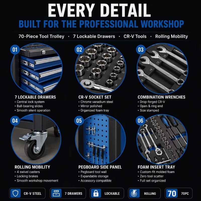 Heavy Tool Trolley 70pc Rollin - đánh giá và giá Socket Wrench